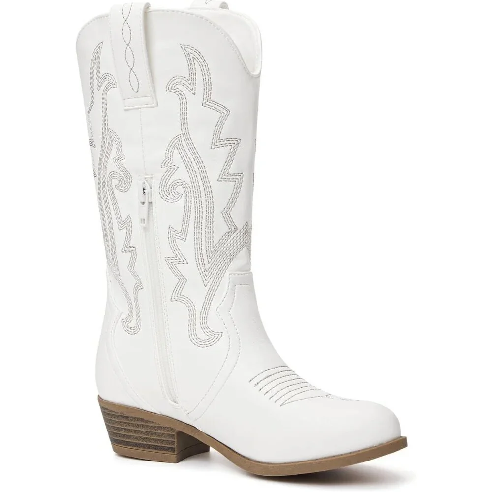 ⚡Girls White Kids Western Boots Embroidered Cowgirl Boots Riding Shoes Mid Calf